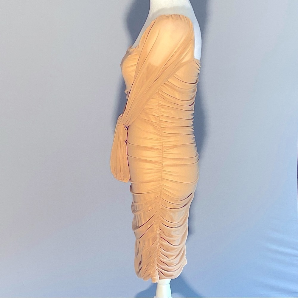 Beige Ruched Bodycon Dress Sheer Sleeves |Size S - Picture 6 of 16